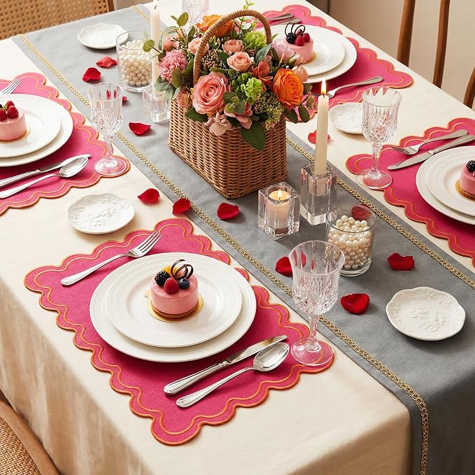 Linen Placemats Set of 12 Scalloped Placemat 13 X19 Wavy Embroidery Double Layered Washable Farmhouse Dinner Fabric Table Mat Napkin for Wedding Party Restaurant(Regular,Rose Pink)