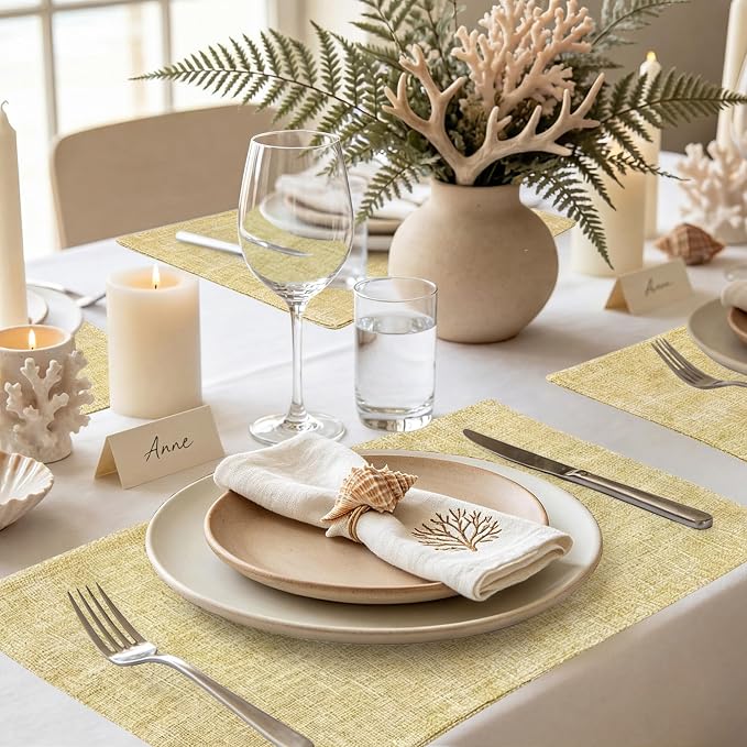 Faux Cotton Linen Placemats Set of 6, Cloth Washable Farmhouse Dining Table Mats for Indoors & Outdoors, Easy to Clean, Lemon Yellow, 13 x 19 Inch