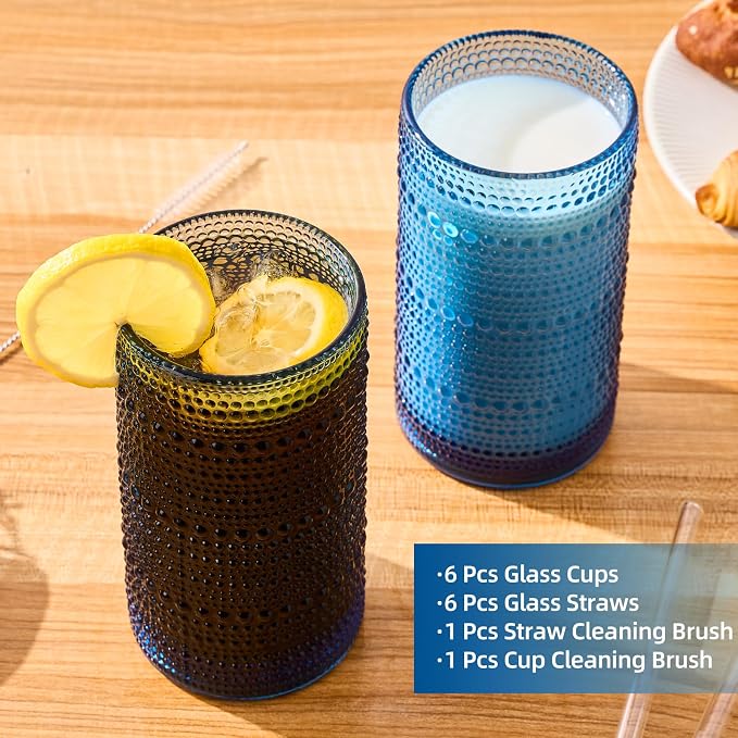 16oz Hobnail Drinking Glasses, Set of 6 Blue Tumblers | Vintage embossed large capacity highball glasses for water, cocktail, beer, whiskey, juice and bar use