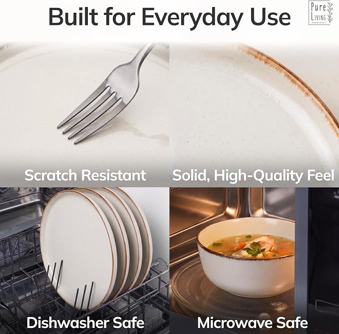 12 Piece Stoneware Dinnerware Set for 4 - Handmade Reactive Glaze Plates and Bowls Set - Chip & Scratch Resistant Dish Set - Dishwasher Microwave Safe - Rustic Beige