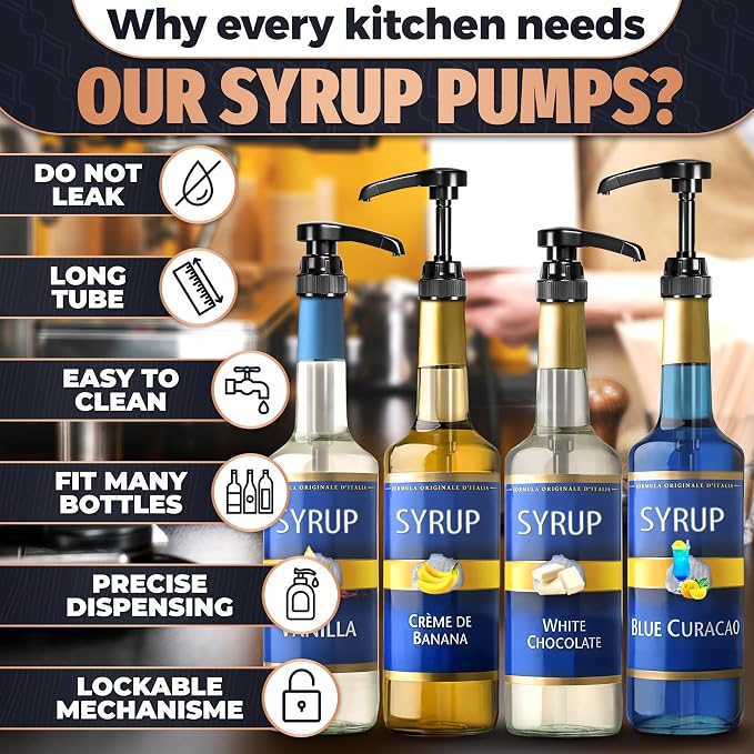8 Pcs Coffee Syrup Pump for 750ml Bottles, 10ml per Press (Black) | Pumps for Syrup Bottles; Food-Grade Plastic; Adjustable Tube, Lockable Mechanism; for Coffee Bar and Home; Various Liquids