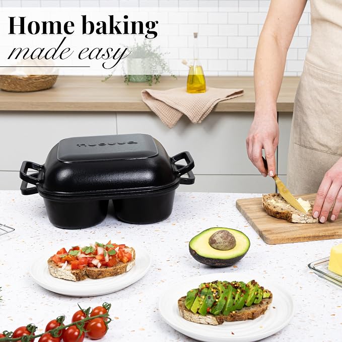 QuadPro Enamelled Cast Iron Bread Loaf Pot – Dutch Oven for Sourdough Bread Baking – 500°F Oven Safe Non Stick Bread Pot – 4 Round Loaf Spaces (4.90-inch Diameter), Black – by Nuovva