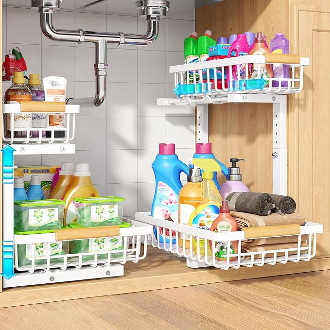 2 Pack Under Sink Organizer, Pull Out Cabinet Organizers, Adjustable Height 2-Tier Metal Slide Out Shelf for Bathroom Under Counter Storage, Kitchen Pantry Laundry Organization Rack, White