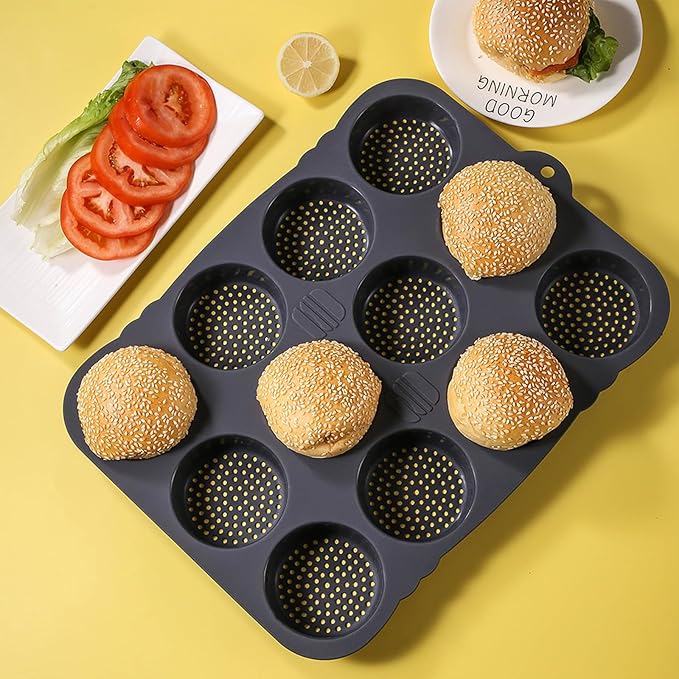 12-cavity Silicone Hamburger Bun Pan, Nonstick Loaf Pan & Heat Resistant Burger Bun Pans for Baking, Bread Pans for Homemade Bread, Bread pans for baking, Easy to Use Burger Pan