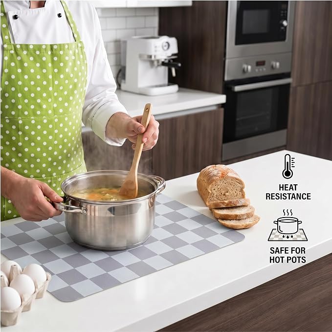 Set of 6 Checkerboard Non-Slip Washable Placemats for Dining Table | Waterproof & Heat-Resistant Faux Leather Mats | Easy Wipe Clean Tablemats for Indoor Dining, 17’’×12’’, Grey