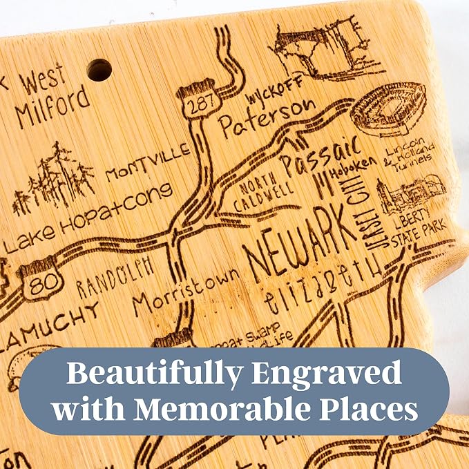 Totally Bamboo Destination New Jersey State Shaped Cutting Board | State charcuterie serving board with engraved map artwork. Smooth reverse side for food prep. Hang tie for wall display.