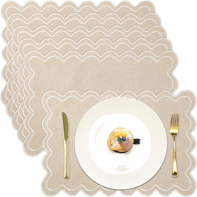HunnmingRe Beige with Creamy White Set of 6 Cotton Linen Wedding Placemats, 13x19 Inch Scalloped Wavy Embroidery Placemat Double Layered Washable Rustic Rectangle Dinner Table Mat for Home Decor