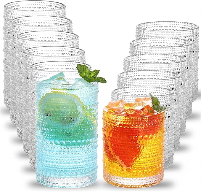 Moretoes Hobnail Drinking Glasses Set of 12, Vintage Water Glass Cups | 12 Oz Highball Glasses & 10 Oz Cocktail Glasses, Clear Embossed Boho Kitchen Bar Tumbler for Whiskey, Beer, Juice, Milk
