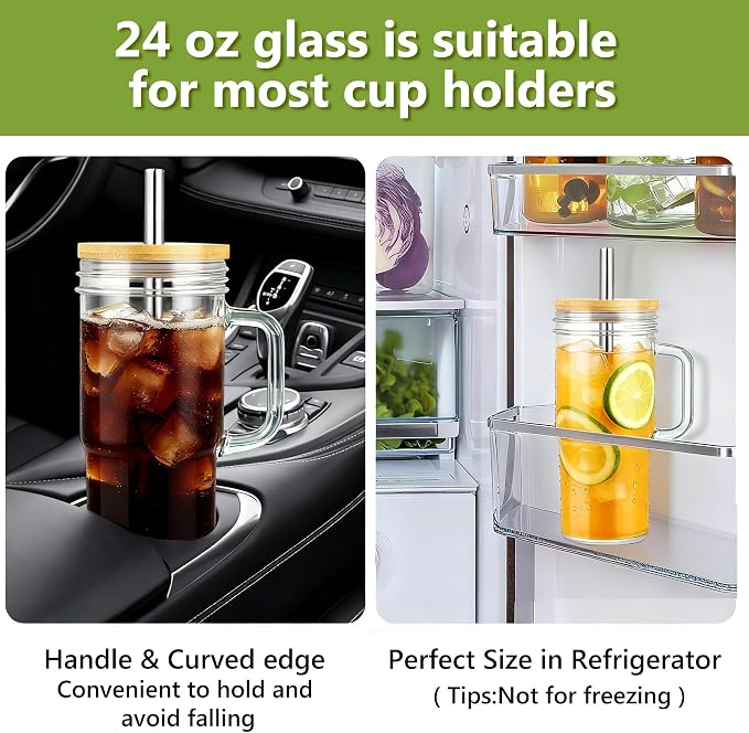 Birity Glass Cups with Lids and Straws,24oz Glass Tumbler With Handle,4 Pack Reusable Iced Coffee Cup with Lids-Mason Jar with Lid and Straw,Boba Cup for Cold & Hot Drinks,Smoothies Cup,Travel Mug