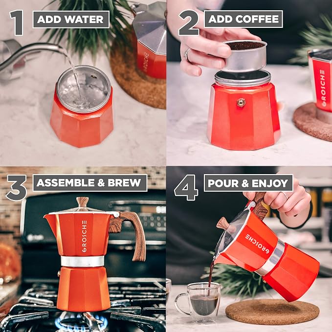 GROSCHE Milano Stovetop Espresso Maker Moka Pot 9 espresso Cup 15.2 oz Red | Cuban Coffee Maker And Italian Moka Pot For Stovetop Espresso; For Gas, Electric, And Propane Stoves With A Soft-Touch Handle