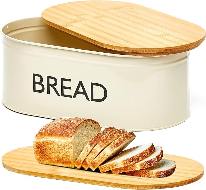 RoyalHouse Premium Metal Bread Box with Bamboo Lid | Stainless Steel Large Bread Bin Storage Container And Organizer for Kitchen Countertop, Vintage Style Kitchen Decor