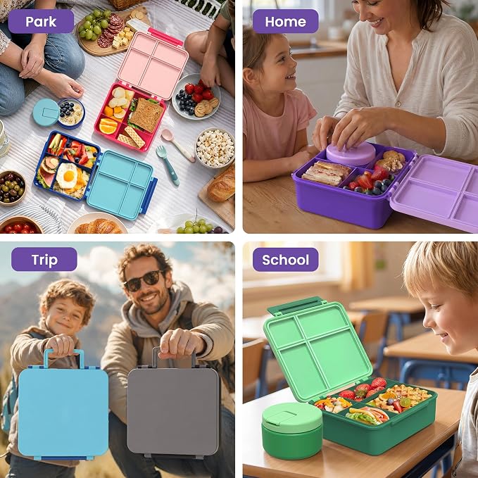 LOHASOK Bento Lunch Box for Kids with 8oz Soup Thermo, Purple | 4-Compartment, Leak-Proof Lunch Containers with Insulated Food Jar and Silicone Foldable Spoon Fork