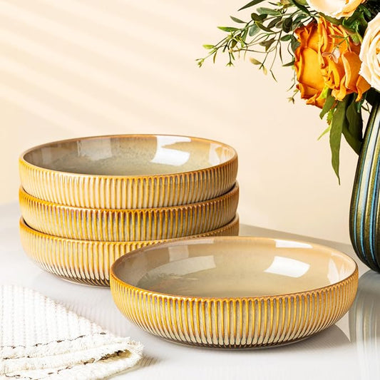 8.5" Ceramic Pasta Bowls Set of 4, Salad Bowls | Versatile Serving Bowls for Pasta, Salad, Fruit & Noodles, Housewarming & Wedding Gift, Creamy Amber