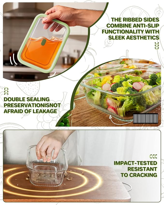 4-Pack Glass Meal Prep Containers with Easy-Open Valve & Tempered Glass Lids, 4.6 Cup (37.2oz) Airtight, Borosilicate Glass, Oven/Microwave/Freezer Safe, Gift Ready Storage Set
