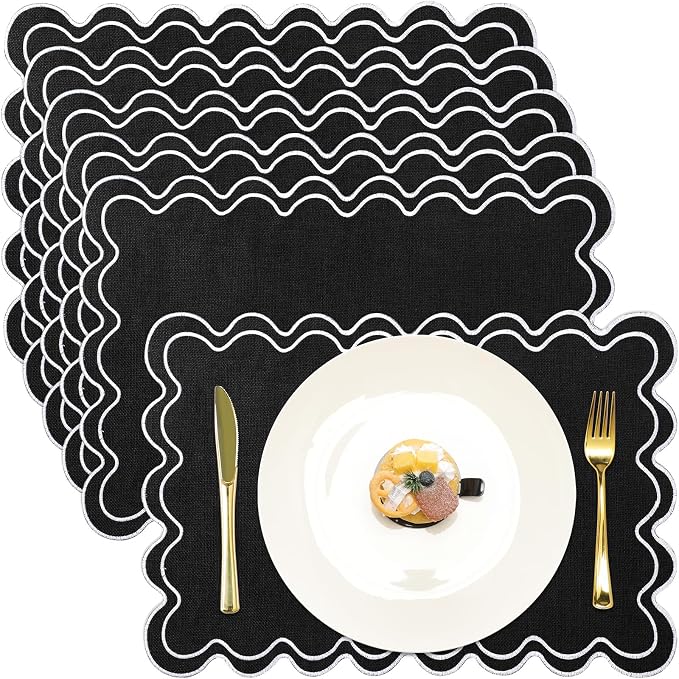 HunnmingRe Black with White Set of 6 Cotton Linen Wedding Placemats, 13x19 Inch Scalloped Wavy Embroidery Placemat Double Layered Washable Rustic Rectangle Dinner Table Mat for Home Decor