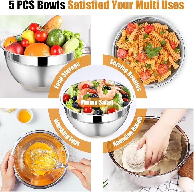 P&P CHEF Mixing Bowls with Lid Set, Nesting Bowl for Storing, Khaki | 5 Piece Stainless Steel Salad Mixing Bowls for Prepping, 3 Grater Attachments & Non-Slip Bottoms, Size 1/1.5/2 / 2.6/4.6 QT