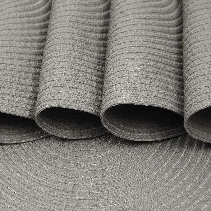 SHACOS Round Braided Placemats Set of 6 Thick Fabric Circle Grey Place Mats Woven Table Mats for Dining Tables 15 inch (Gray, 6)