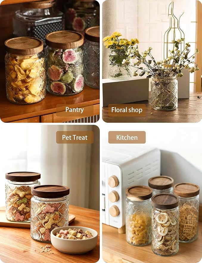 Vintage Glass Jar with Wood Lid - Christmas Airtight Canisters for Kitchen Countertop Bathroom, Storage Candy, Cookie, Coffee, Apothecary, Sugar, Flour,Pet Treat (2 X Begonia, 24oz/700ml)