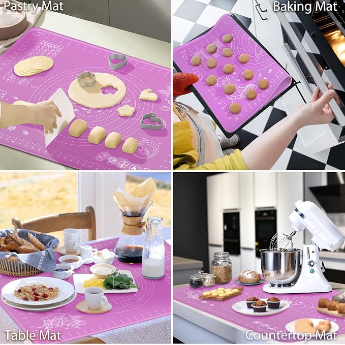 Silicone Baking Mat 28" x 20" Extra Thickness Dough Rolling Mat with Measurements and Edge Heightening, Non-stick Food Grade Silicone Pastry Mat for Pastry, Bread, Cookies, Pizza, Fondant, Pasta
