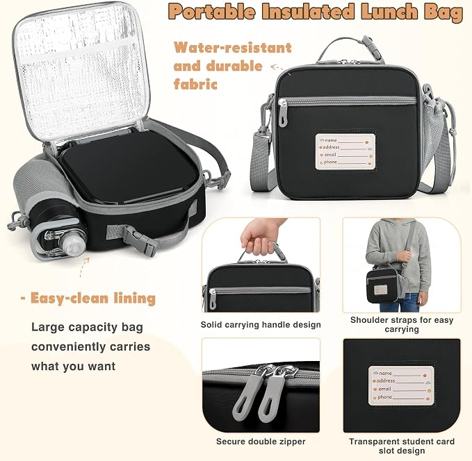 Bento Lunch Box for Kids with 7oz Soup Thermo,Insulated Stainless Steel Kids Water Bottle with Straw and Insulated Lunch Bag,Leak-Proof Lunch Food Container with Ice Pack for School(Black)