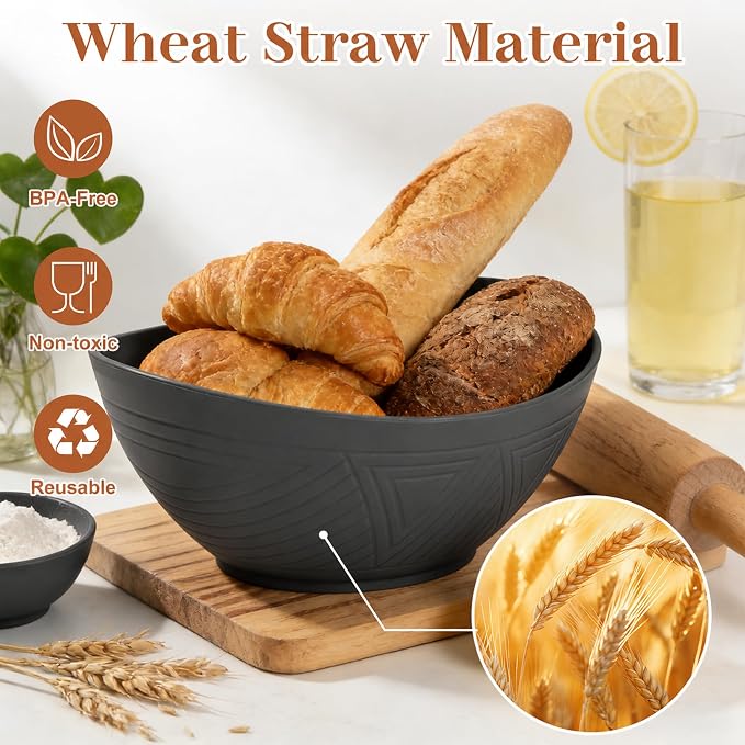 65 OZ Large Salad Bowls, Unbreakable Wheat Straw Bowls Set 4 PCS, Large Plastic Bowl Reusable, Microwave & Dishwasher Safe Kitchen Bowl for Salad, Cereal, Soup and Popcorn (Black)