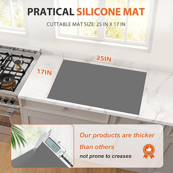 Silicone Mats for Kitchen Counter Heat Resistant Countertop Protector | 25'' X 17", Grey | Non-Slip Table Mat Desk Saver Pad, Non-Stick Reusable Pastry Mat, Silicone Placemat, Craft Mat