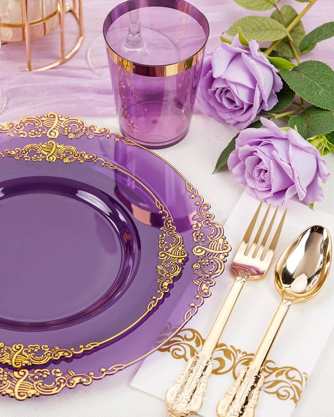 Nervure 175Pcs Purple Plastic Plates, Plastic Dinnerware Set for 25 Guests | 25 7.5" Dessert & 25 10.25" Dinner Plastic Plate, 75 Silverware, 25 Cups, 25 Napkin for Wedding & Party, BPA-free, Heavy-duty