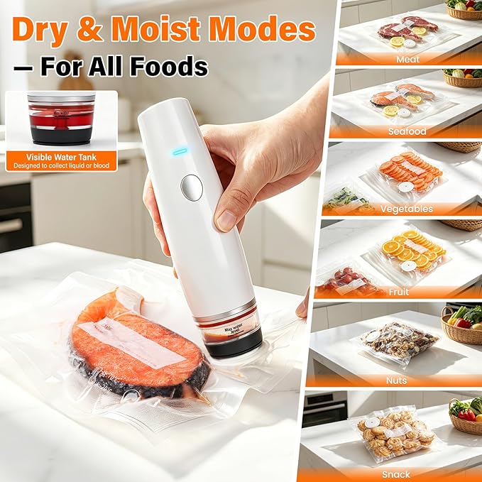 -80kPa Compact Vacuum Sealer for Food (Vacuum Sealer Machine + 30 Reusable Bags), Cordless Handheld Vacuum Sealer Machine Portable Mini Food Sealer for Sous Vide & Meal Prep-White