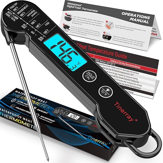 Professional Digital Meat Thermometer Instant Read Waterproof – Folding Probe Food Thermometer with Backlight & Calibration, Fast Read for BBQ, Grill, Deep Fry, Liquids, Gift for Chef (Black)