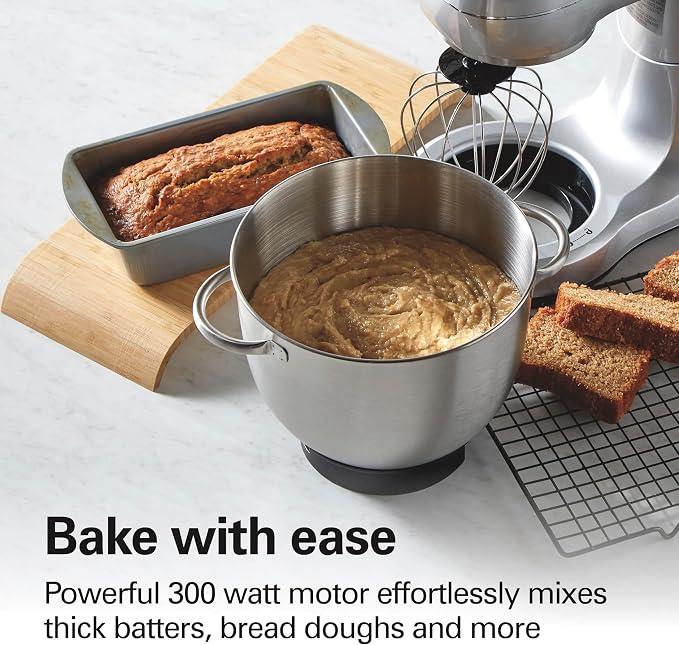 Hamilton Beach 4 Qt Electric Stand Mixer With 7 Speeds, Easy-Carry Handle | Planetary Mixing For Full Bowl Coverage | Splash Guard | 300 Watts | Whisk, Flat Beater, Dough Hook | Mixing Guide | Silver