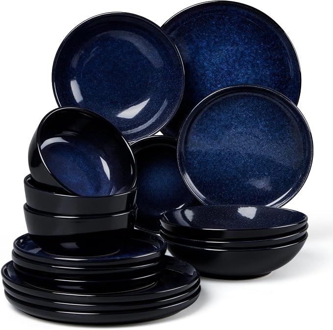 LIANYU 16 Piece Dishes Dinnerware Set with Pasta Bowls for 4, Midnight Blue | Stoneware Plates and Bowls, Dishwasher Safe Dining Ware Dishware for Home Kitchen, Microwave Safe