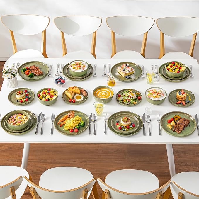 vancasso ZERMATT 24 Pieces Stoneware Dinnerware, Plates and Bowls Set for 8 | Dishes Set for 8 in Mossy Green Reactive Glaze Stoneware, Kitchen Dinner Set, Microwave and Dishwasher Safe