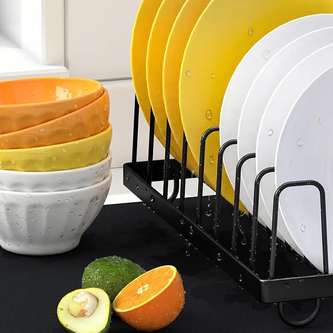 Soft Dish Mat & Dish Drying Rack Set, Large, Black | Quick-drying, easy-to-clean dish mat with rust-proof stainless steel dish rack. Ideal for kitchen counter.