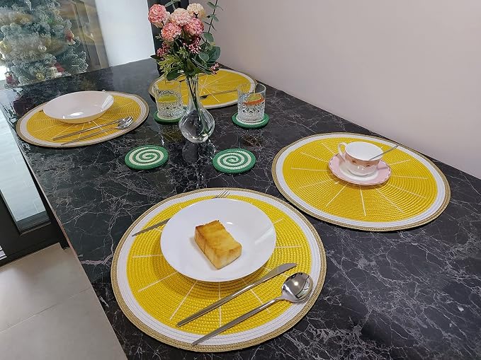 Zupro Round Lemon Yellow Placemats Set of 4 Braided 15" Indoor/Outdoor Use | Embroidery Motif Heat Resistant Non-Slip Washable,for Kitchen Dining Tables Dinner Parties holiday and Everyday Use