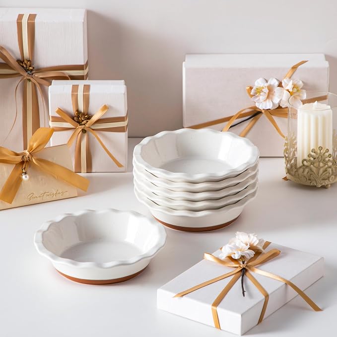 MALACASA Ceramic Mini Pie Pans Set of 6, 6 Inch Pie Plates for Baking with Ruffled Edge, Small Quiche Baking Dish Pans Tart Pans, Individual Pot Pie Plates, Microwave & Oven Safe, Khaki White | Khaki White Small Pie Plates for baking for Quiche, Tart, ...