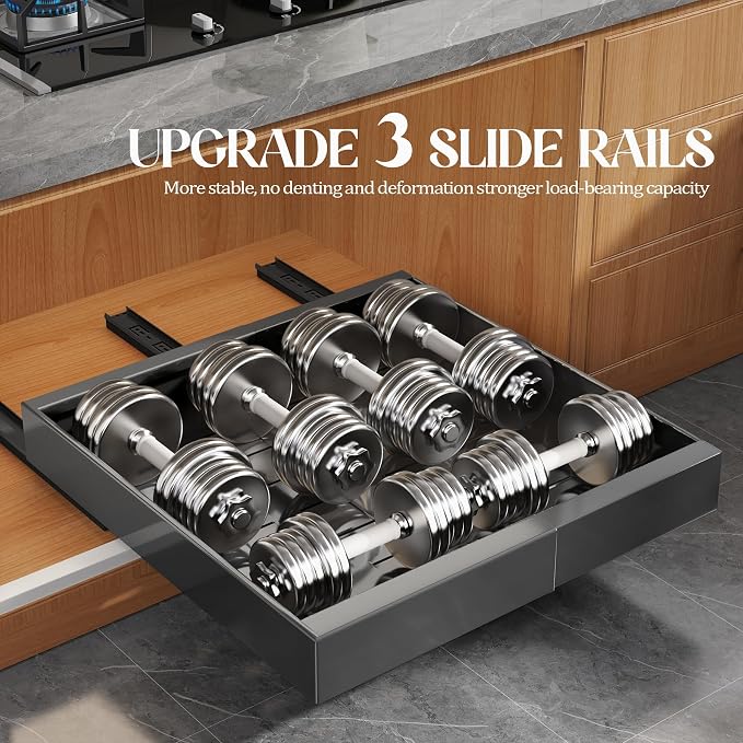 Seinloes 4 Pack Expandable Pull Out Cabinet Organizer 21"Deep With Raising Pad for Framed Cabinets,Upgrade 3 Slide Rails Slide Out Drawers,No Drill Roll Out Shelves,Adjustable Width 12.1"-20.4" Black