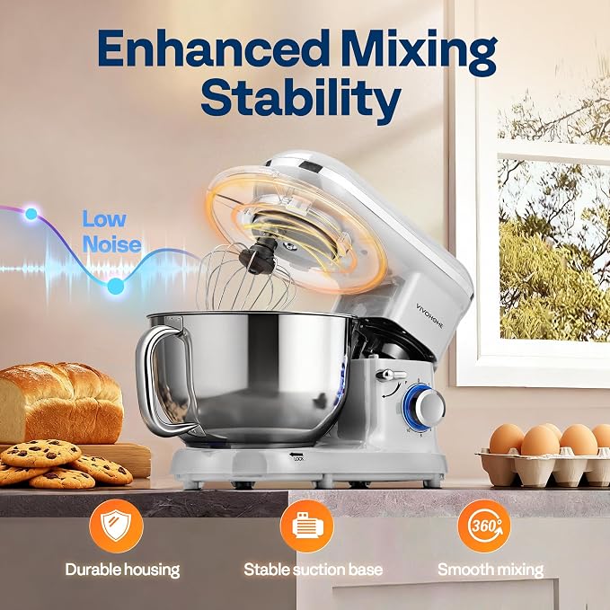 VIVOHOME Stand Mixer, 6-Quart Tilt-Head Kitchen Mixer with Bowl, Silver | 10 Speeds, Splash Guard, Dough Hook, Beater, Whisk, Egg Separator, for Cake & Bread