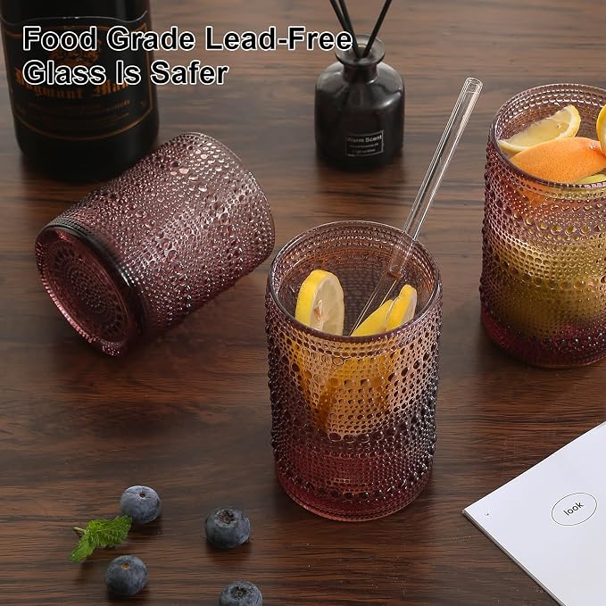 ZMOWIPDL Drinking Glasses Set of 12,Purple 12oz & 15oz Hobnail Glass Cups | Vintage Glassware，Embossed Water Tumbler,for Beer,Cocktail,Whiskey,Juice and Various Mixed Drinks- 1 Cleaning Brush