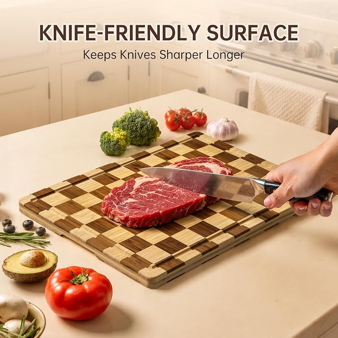 Checkered Cutting Board for Kitchen, Bamboo Wooden Cutting Board | Serving Tray with Juice Groove, Non Slip, Non-Toxic, Thick Large Chopping Board Gift , 16.5” x 11.6” x 0.8”