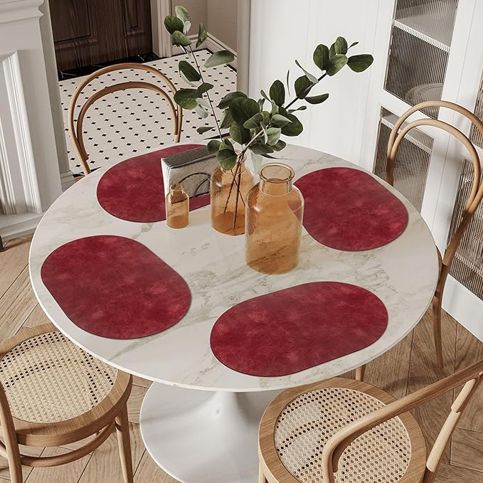 ADRIMER Placemats, Heat Resistant Oval Placemats Set of 6 Washable 12 x 17 Inch, Waterproof Table Mats, Wipeable Pu Place Mats for Kitchen, Dining Room, Wine Red