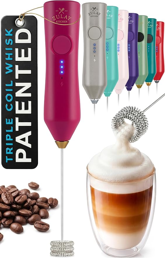 Zulay Kitchen Rechargeable Milk Frother Handheld - Frother Wand, Drink Mixer, Electric Whisk Frother, for Cappuccinos, Matcha & Protein Powder - Dynamic Triple Whisk, 3 Speed 500mAh Dragonfruit Gold