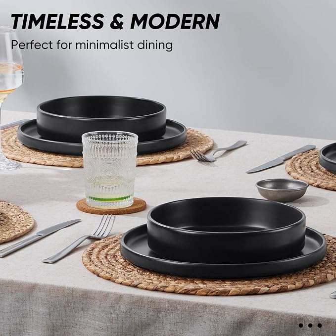 E-far Black Dinnerware Sets with Pasta Bowls, 24-Piece, Matte Black | Stoneware Plates and Bowls Sets for 6, Chip and Scratch Resistant, Microwave & Dishwasher Safe Kitchen Modern Dish Set
