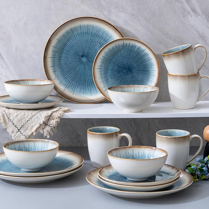 Dinnerware Set Stoneware 16 Pieces Service for 4, Stoneware Plates and Bowls Set Stoneware Set, Dishwasher Microwave Safe Dishes set