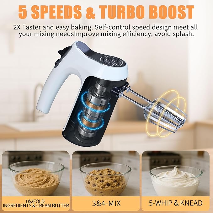 200W Hand Mixer, Lightweight Electric Mixer with Turbo Function, 5-Speed Handheld Mixer for Whipping, Folding, and Dough Kneading, Compact Storage with Attachments (white)