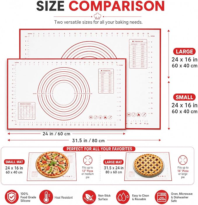 Extra Large Silicone Baking Mat for Rolling Dough (24" x 16") - Non-Stick Pastry Mat with Measurements - Heat Resistant & Non-Slip Kitchen Counter Protector for Fondant, Pie Crust & Pizza