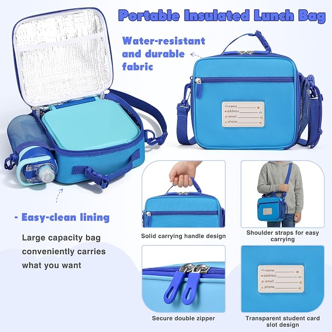 Bento Lunch Box for Kids with 7oz Soup Thermo,Insulated Stainless Steel Kids Water Bottle with Straw and Insulated Lunch Bag,Leak-Proof Lunch Food Container with Ice Pack for School(Blue)