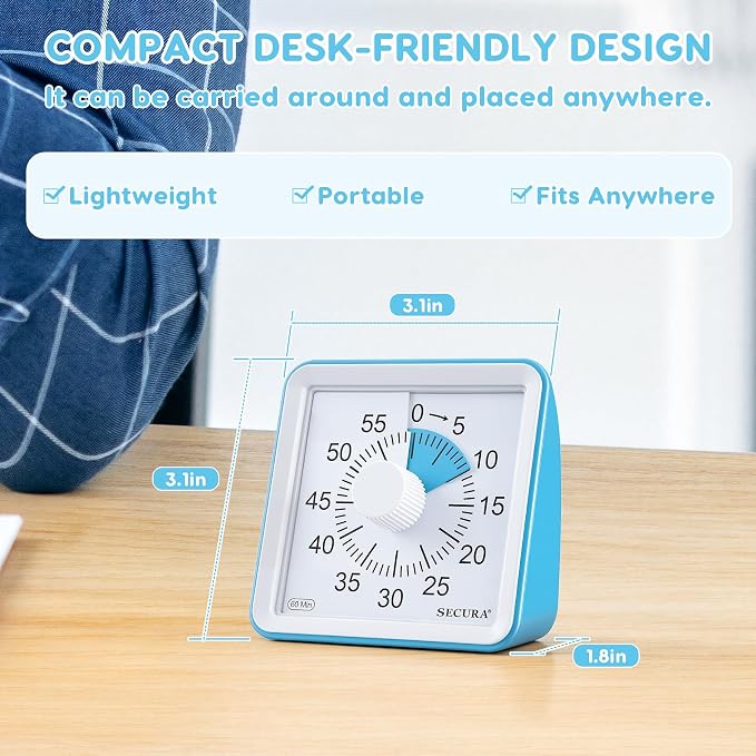 Secura Visual Timer for Kids, 60 Minute Classroom Countdown Timer for Study | Non-Ticking, Adjustable Alarm Volume/Duration, Low Power Reminder, Time Management Tool for ADHD (Blue & Blue)