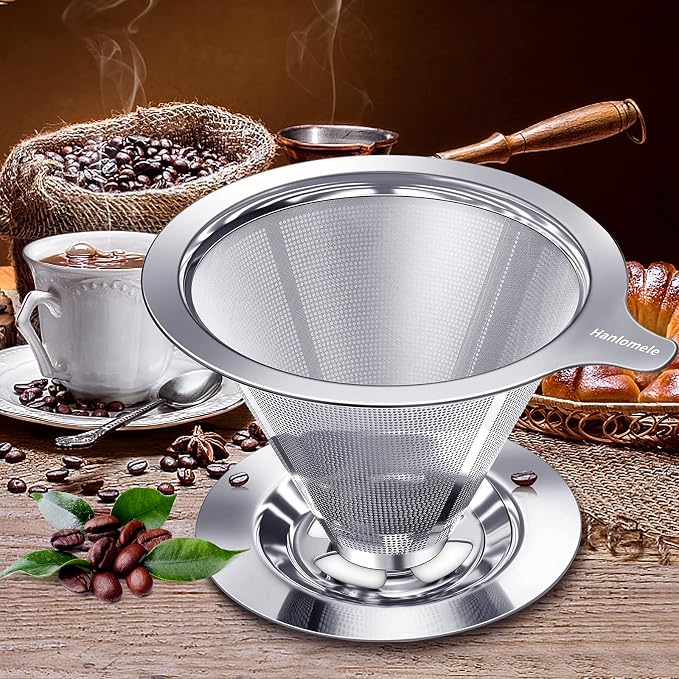 Hanlomele Pour Over Coffee Dripper, Paperless Reusable Coffee Filter, Pour Over Coffee Maker for Single Cup Brew, Double Mesh Design of Stainless Steel Cone Filter for Perfect Extraction (1-4 Cup)