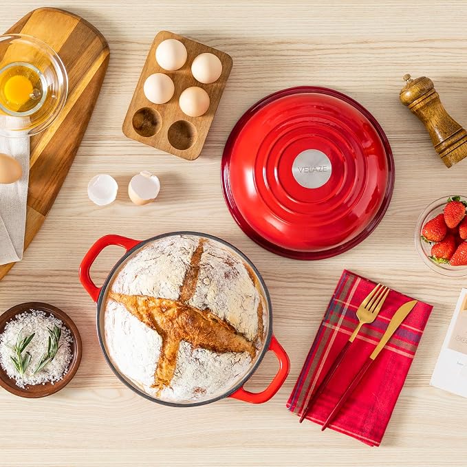 Velaze 5 QT Enameled Cast Iron Dutch Oven for Bread Baking with Dome Lid | Traps Steam for Crispy Artisan Sourdough Bread,Oven Safe,Ergonomic Handles,Gift for Bakers and Bakery Style Loaves,Red