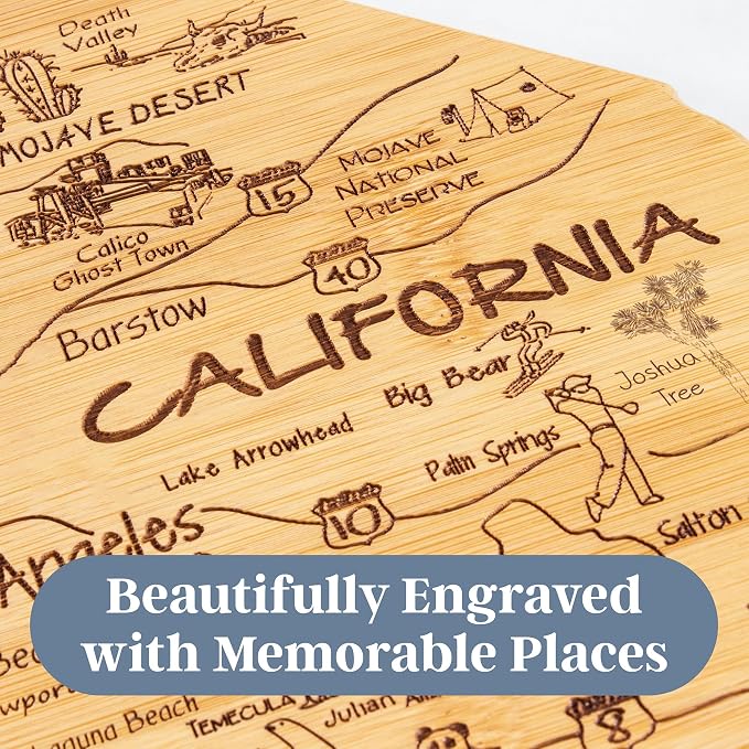 Totally Bamboo Destination California State Shaped Cutting Board | State charcuterie serving board with engraved map artwork. Smooth reverse side for food prep. Hang tie for wall display.